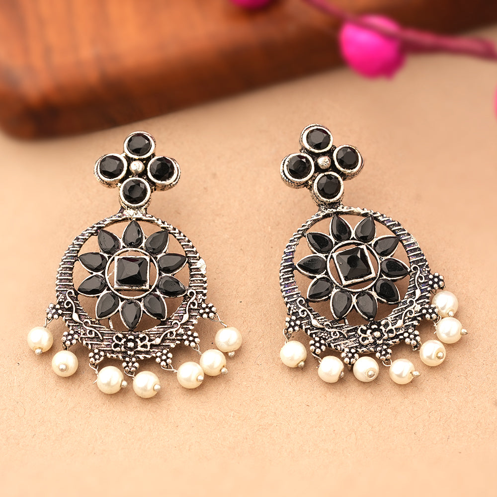 Flower Rangoli Pearl dangler earrings (Black)