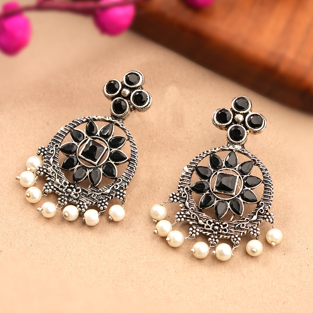 Flower Rangoli Pearl dangler earrings (Black)