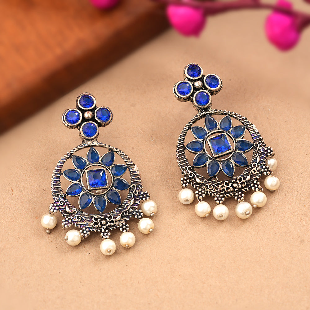 Flower Rangoli Pearl dangler earrings (Blue)