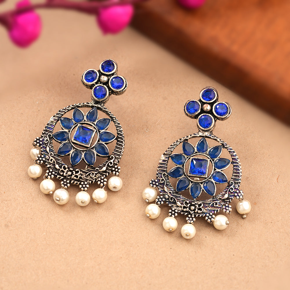 Flower Rangoli Pearl dangler earrings (Blue)