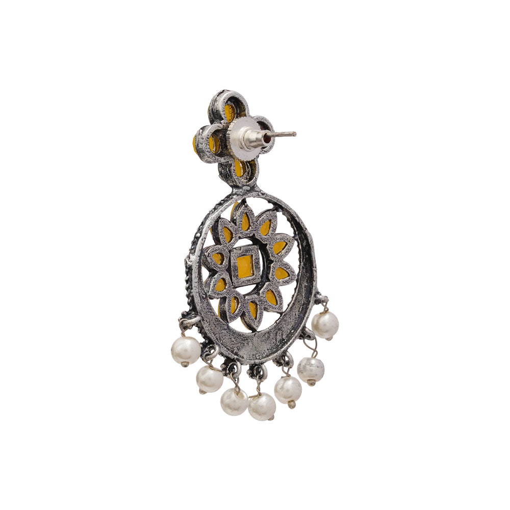 Flower Rangoli Pearl dangler earrings (Yellow)