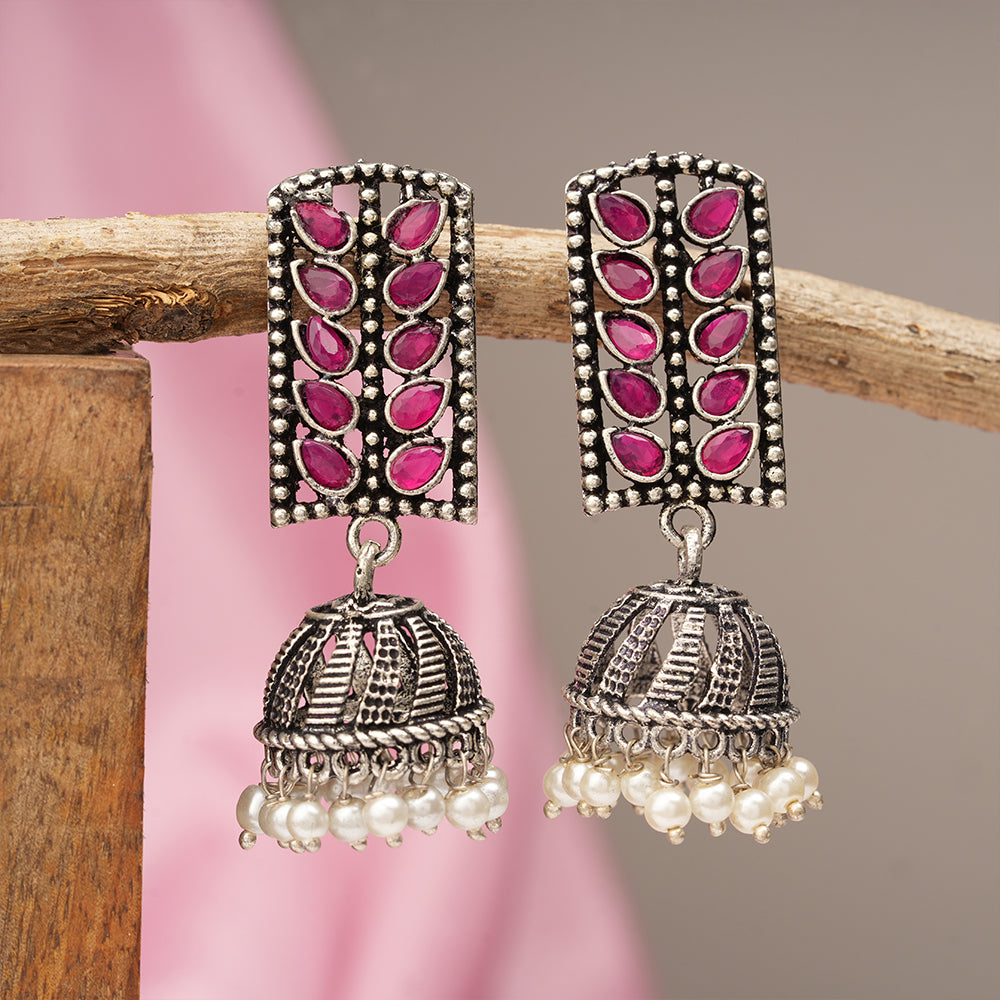 Regal leaffall stone studded jhumki earrings (Red)
