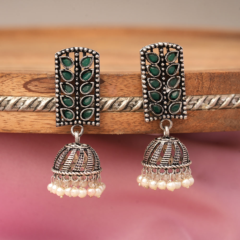 Regal leaffall stone studded jhumki earrings (Green)