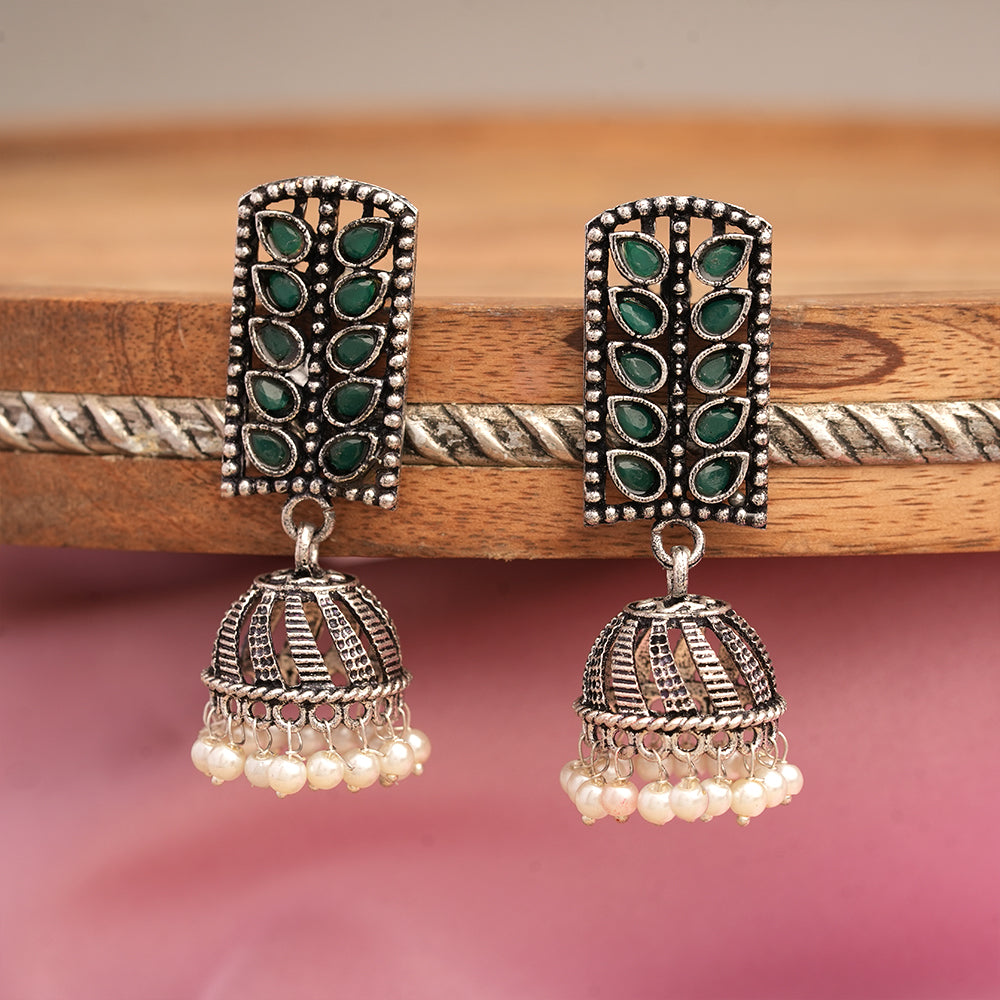 Regal leaffall stone studded jhumki earrings (Green)