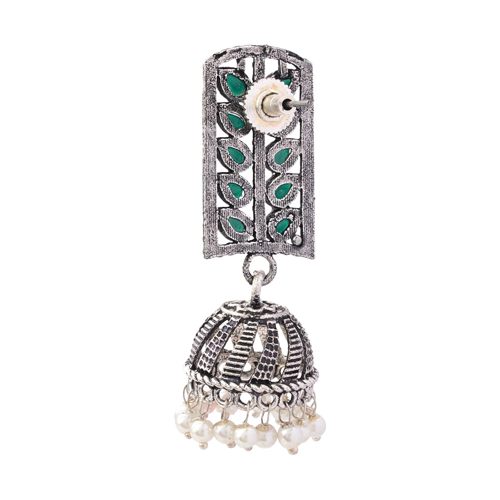 Regal leaffall stone studded jhumki earrings (Green)
