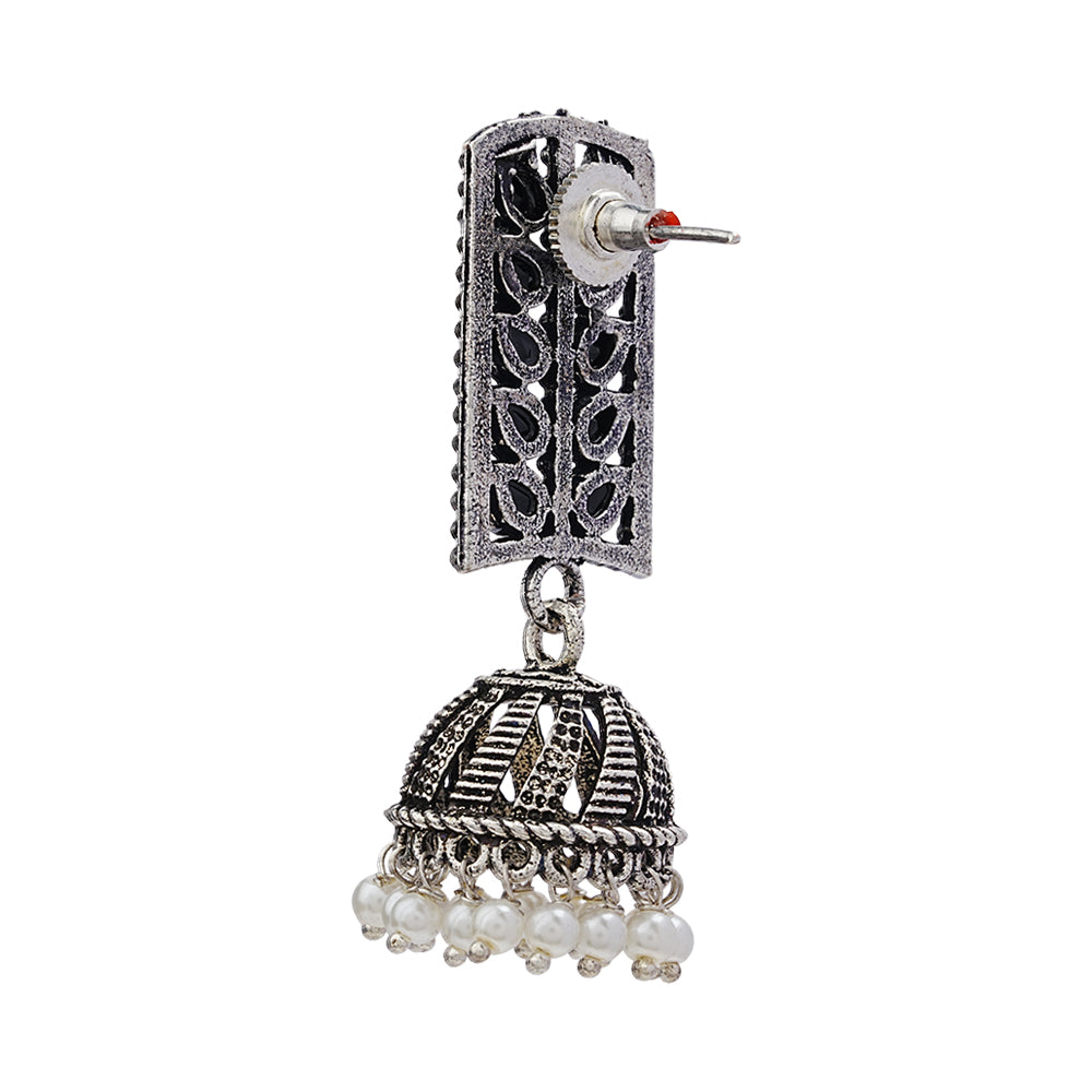 Regal leaffall stone studded jhumki earrings (Black)