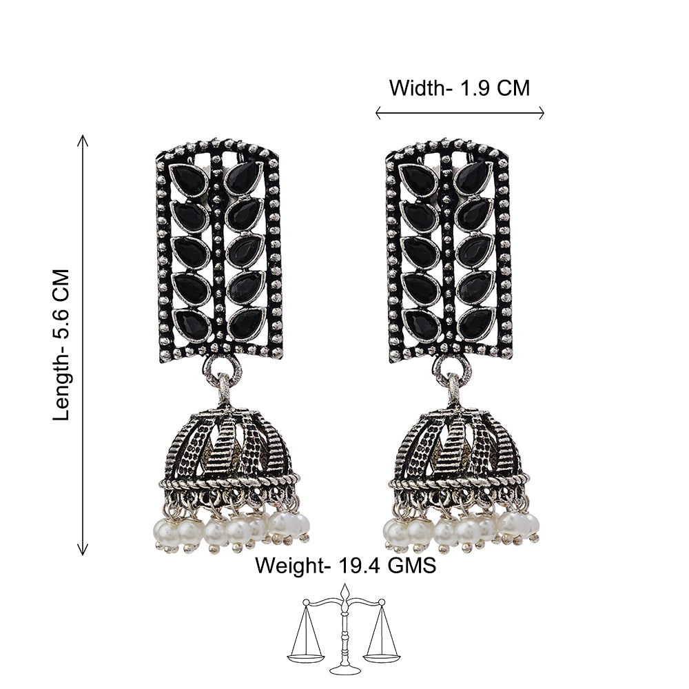 Regal leaffall stone studded jhumki earrings (Black)