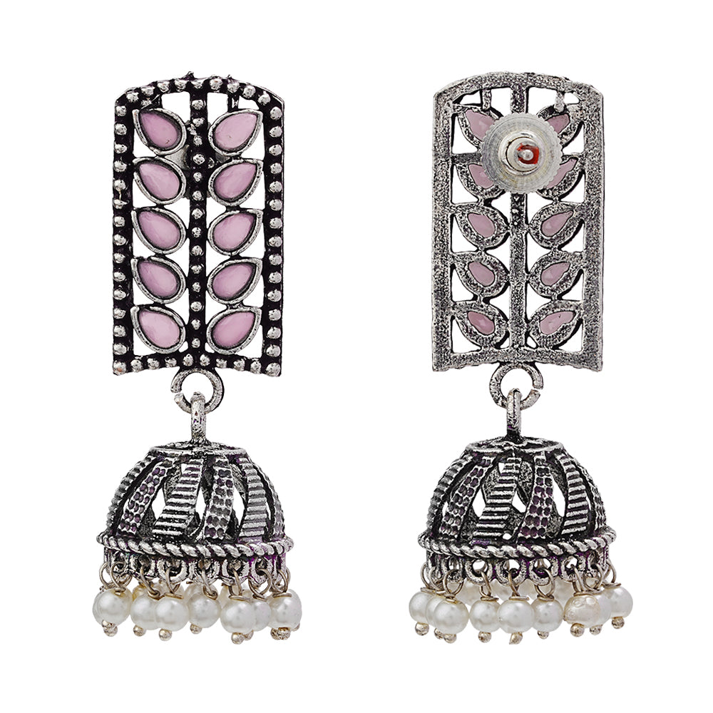 Regal leaffall stone studded jhumki earrings (Baby Pink)