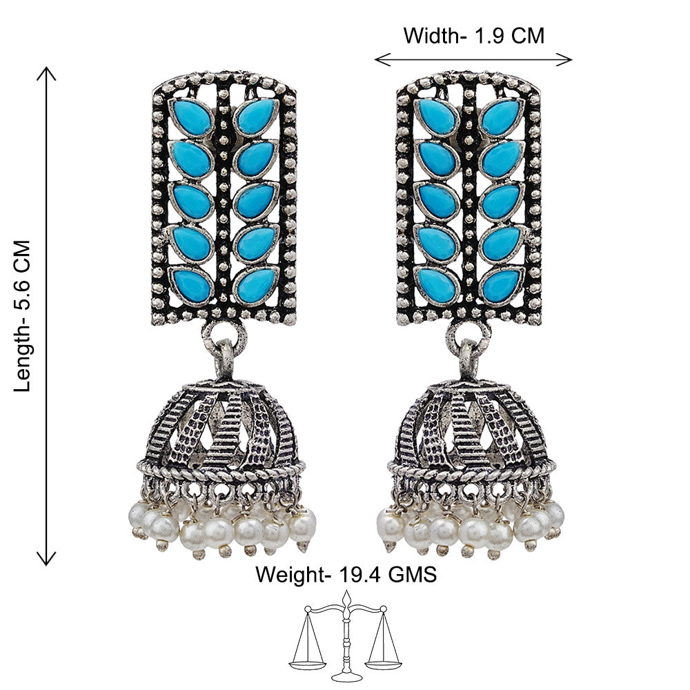 Regal leaffall stone studded jhumki earrings (Sky Blue)