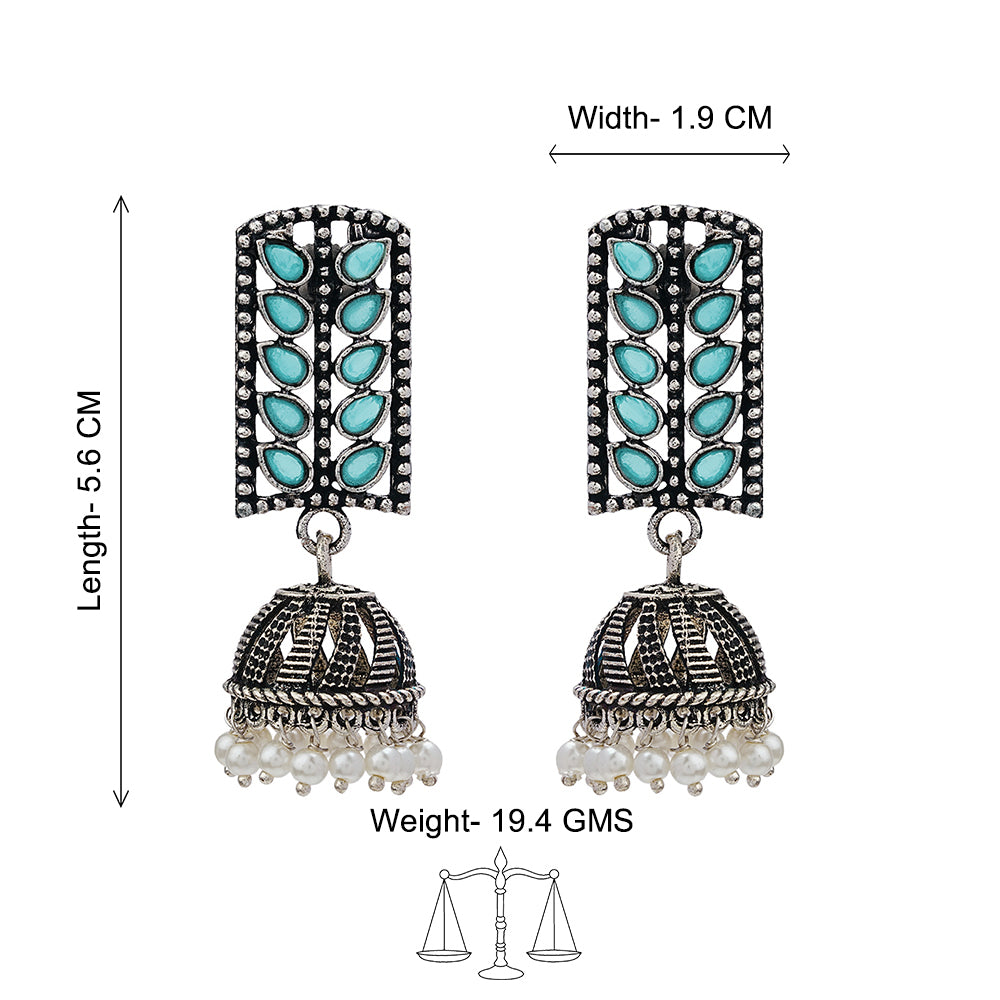 Regal leaffall stone studded jhumki earrings (Mint)