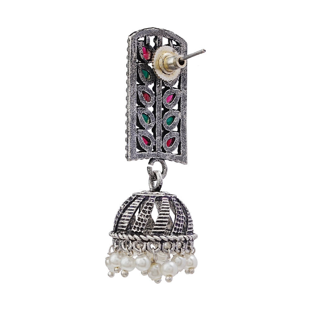 Regal leaffall stone studded jhumki earrings (Multicolored)