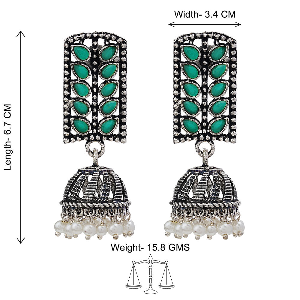 Regal leaffall stone studded jhumki earrings (Green)