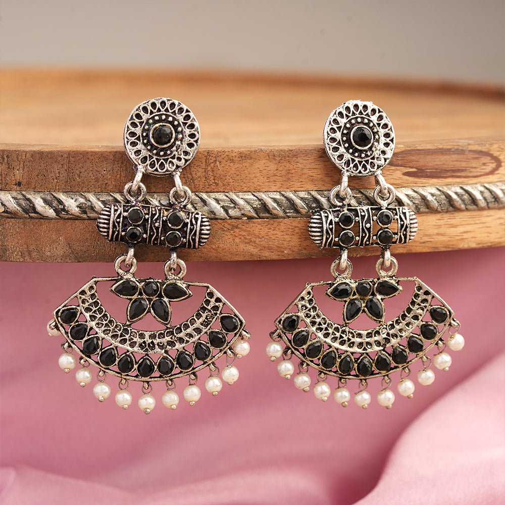 Pearl Cacade stone studded dangler earrings (Black)