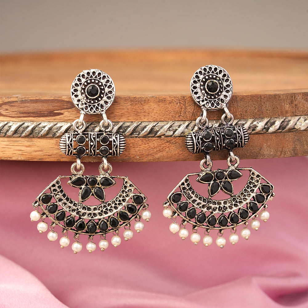 Pearl Cacade stone studded dangler earrings (Black)