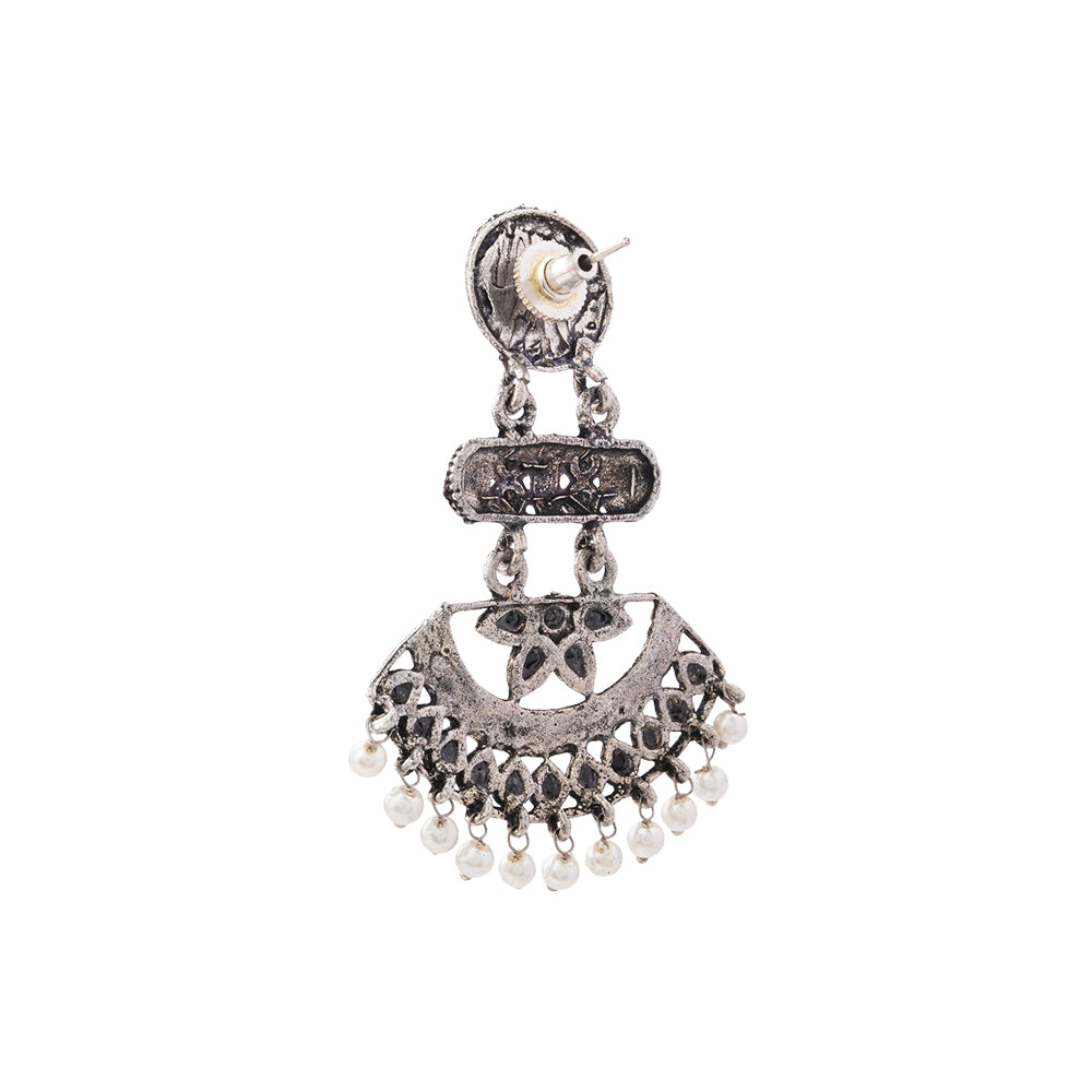 Pearl Cacade stone studded dangler earrings (Black)