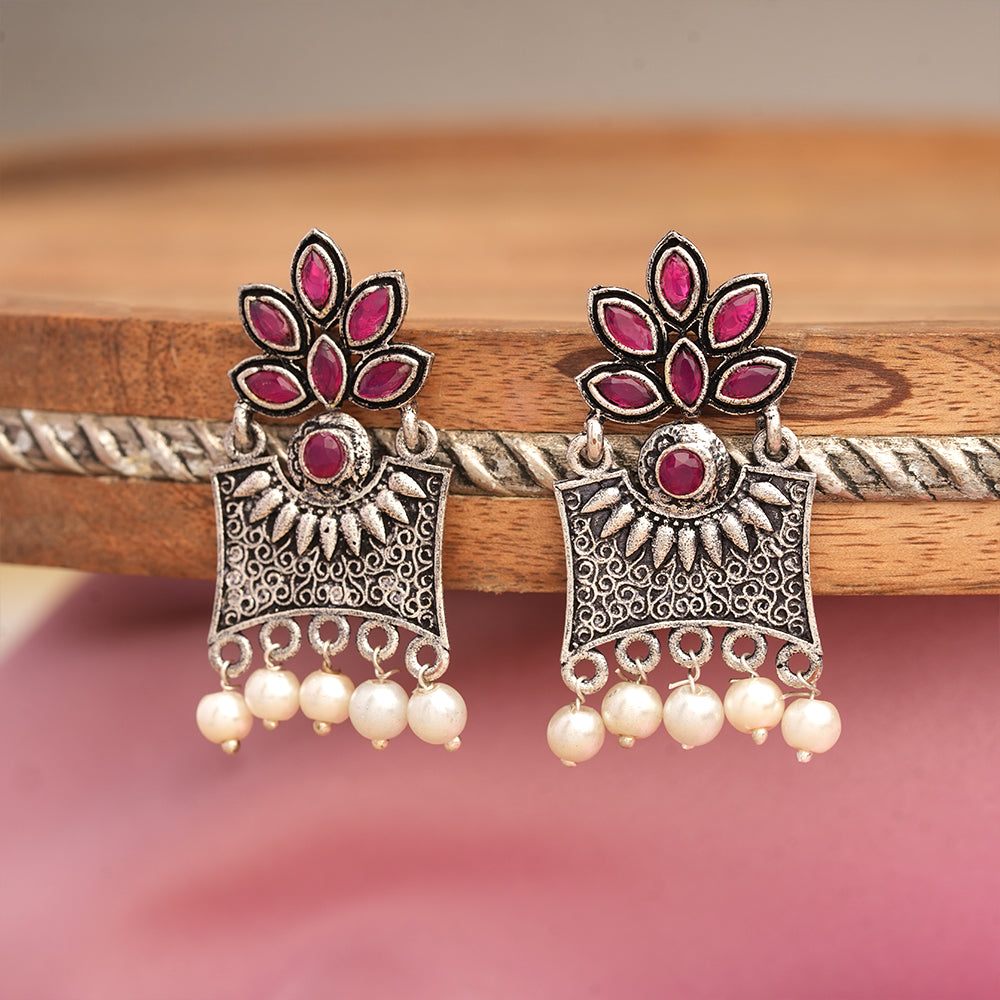 Flora-Aura stone studded dangler earrings (Red)