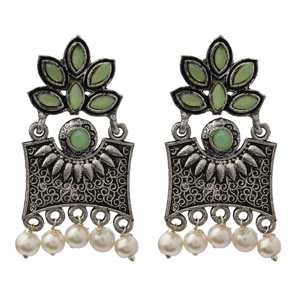 Royal Triple Bell Layered Jhumka Earring (Black) Flora-Aura stone studded dangler earrings (Pista) Combo set