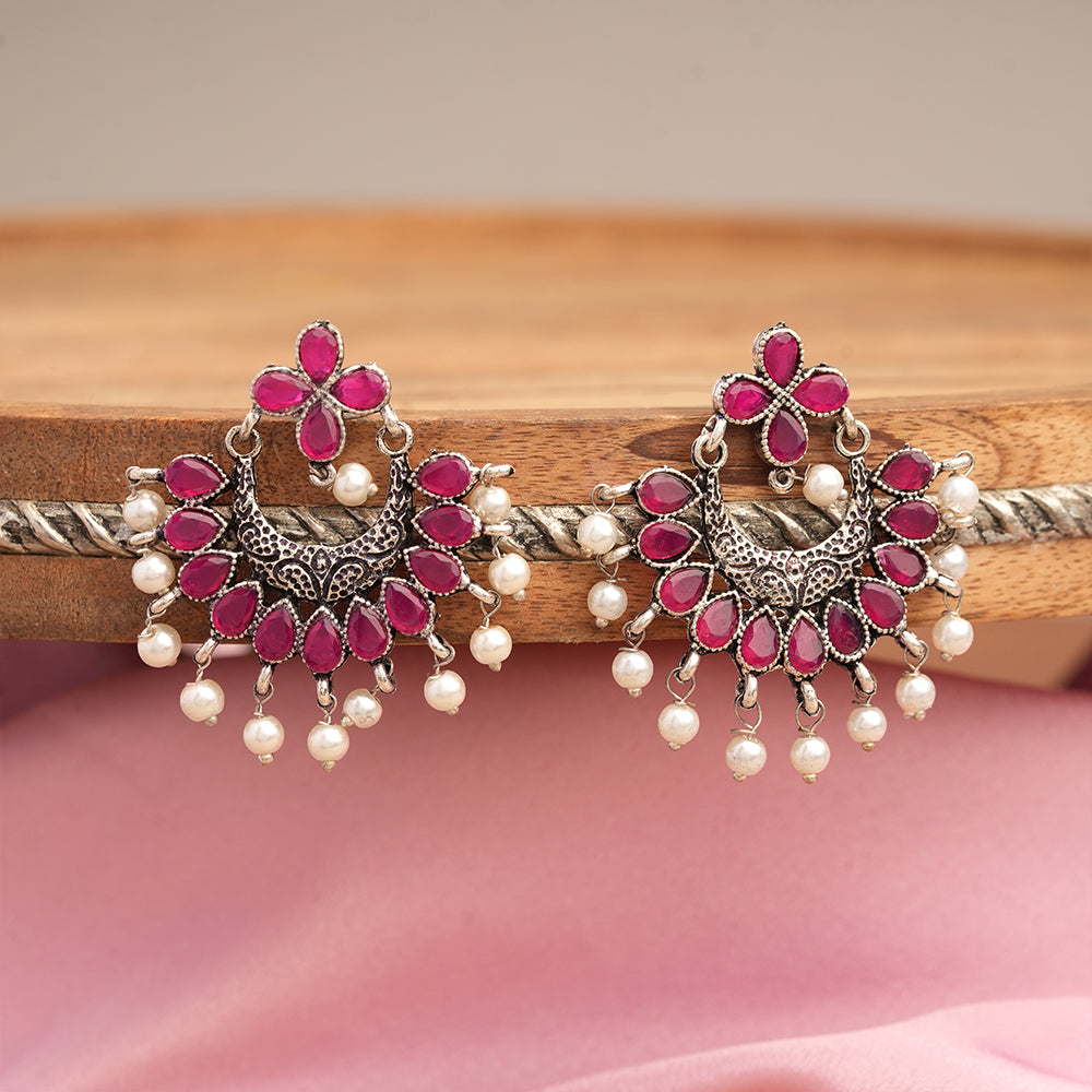 Red Stone Studded Statement German Silver Dangler Earrings