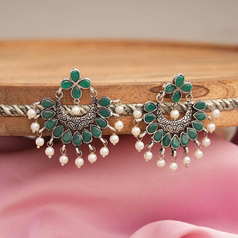 Green Stone Studded Statement German Silver Dangler Earrings