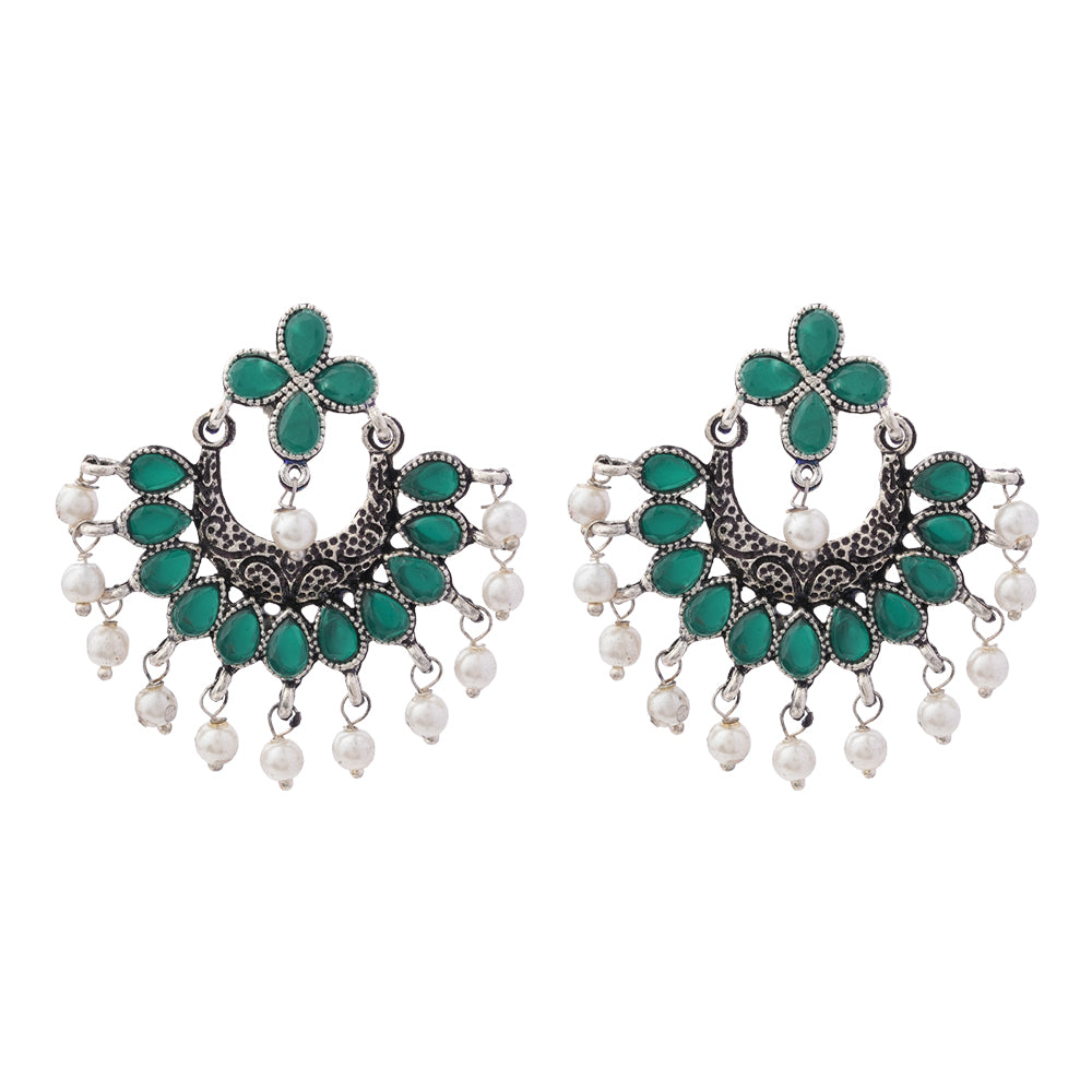 Green Stone Studded Statement German Silver Dangler Earrings