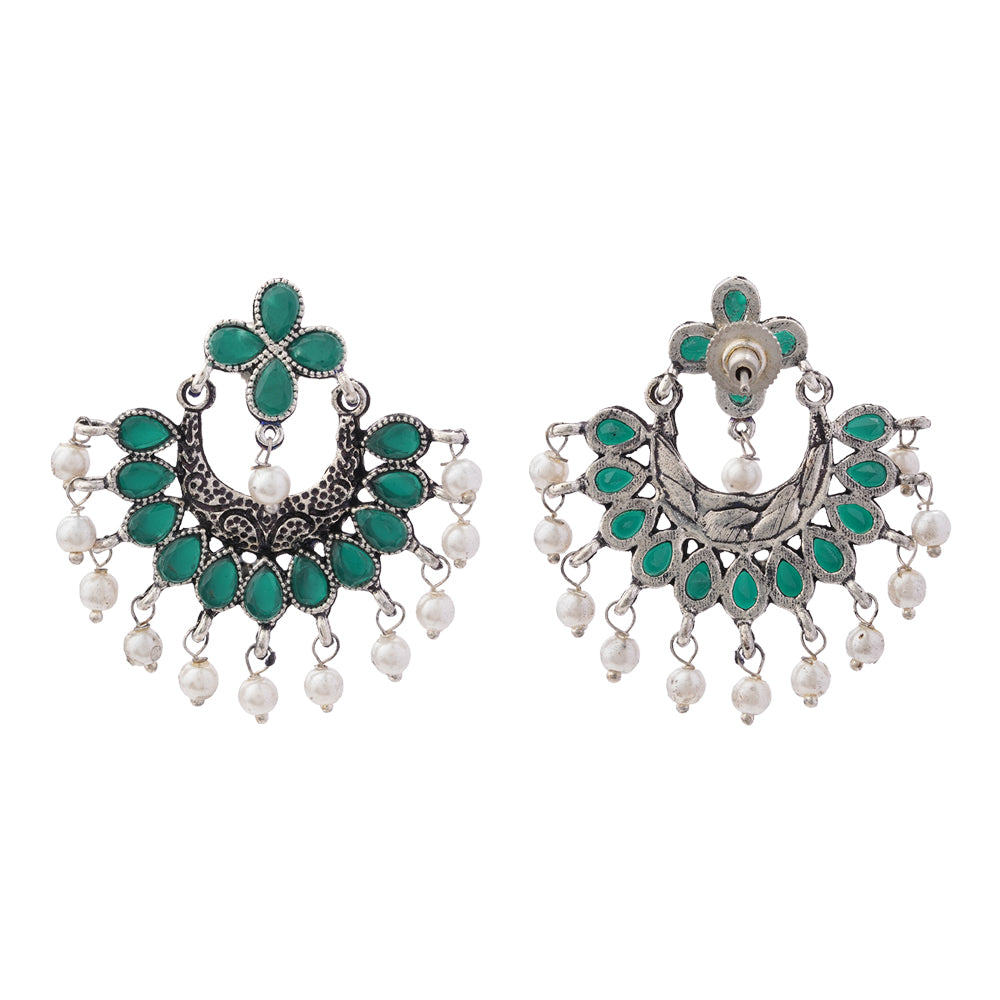 Green Stone Studded Statement German Silver Dangler Earrings