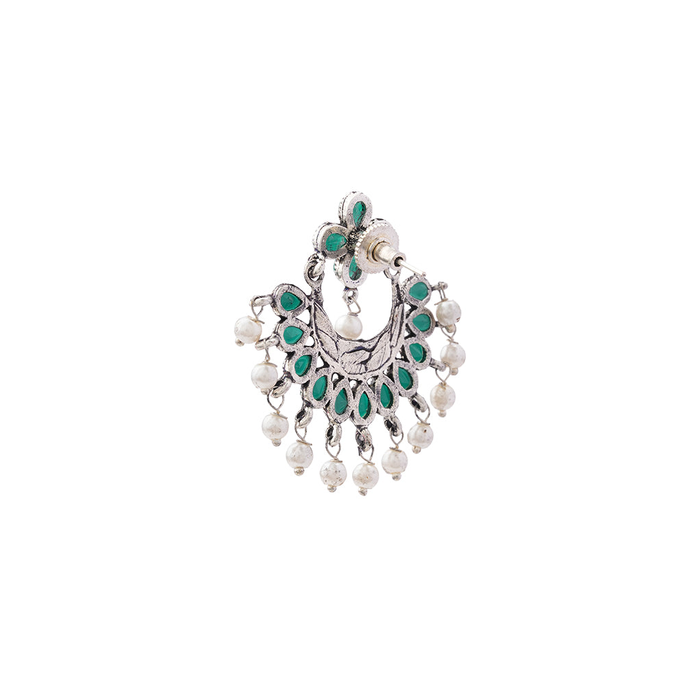 Green Stone Studded Statement German Silver Dangler Earrings