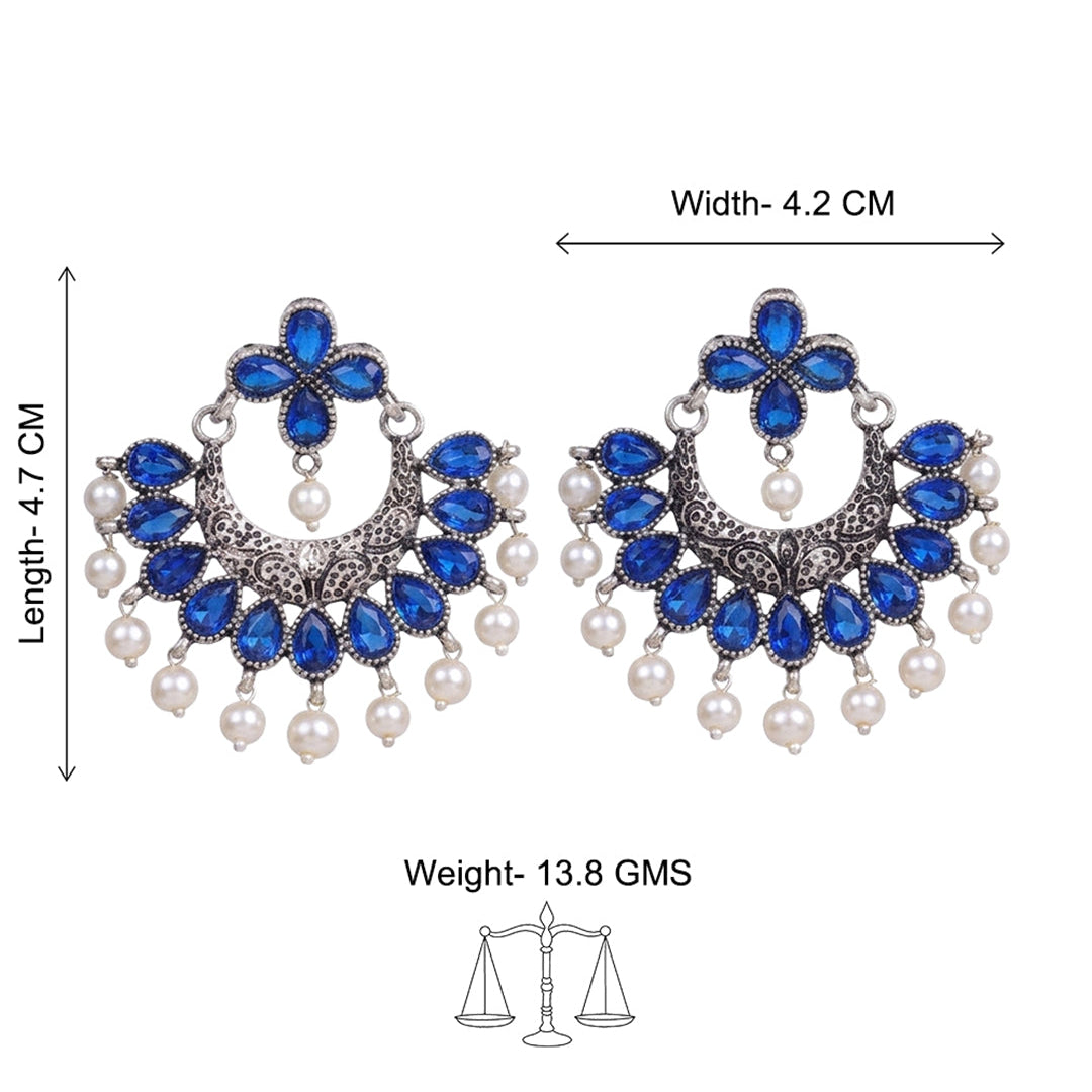 Blue Stone Studded Statement German Silver Dangler Earrings