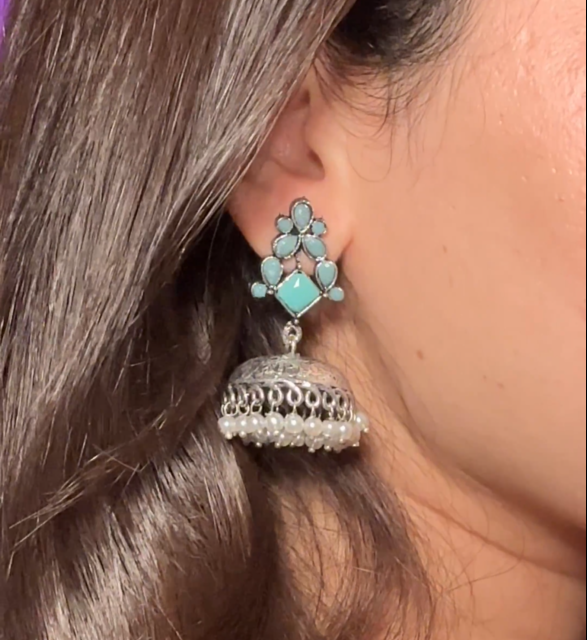 Dazzle Dome pral jhumki earrings (Mint)