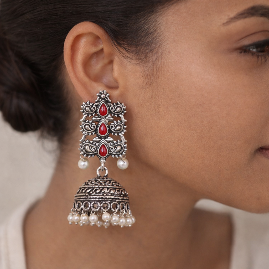 Sitara stone studded jhumki earrings (Red)