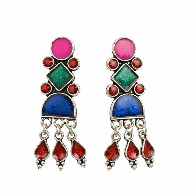 Royal Triple Bell Layered Jhumka Earring (Dark Maroon) Rainbow rhine dangler earrings (Multicolored) Combo set