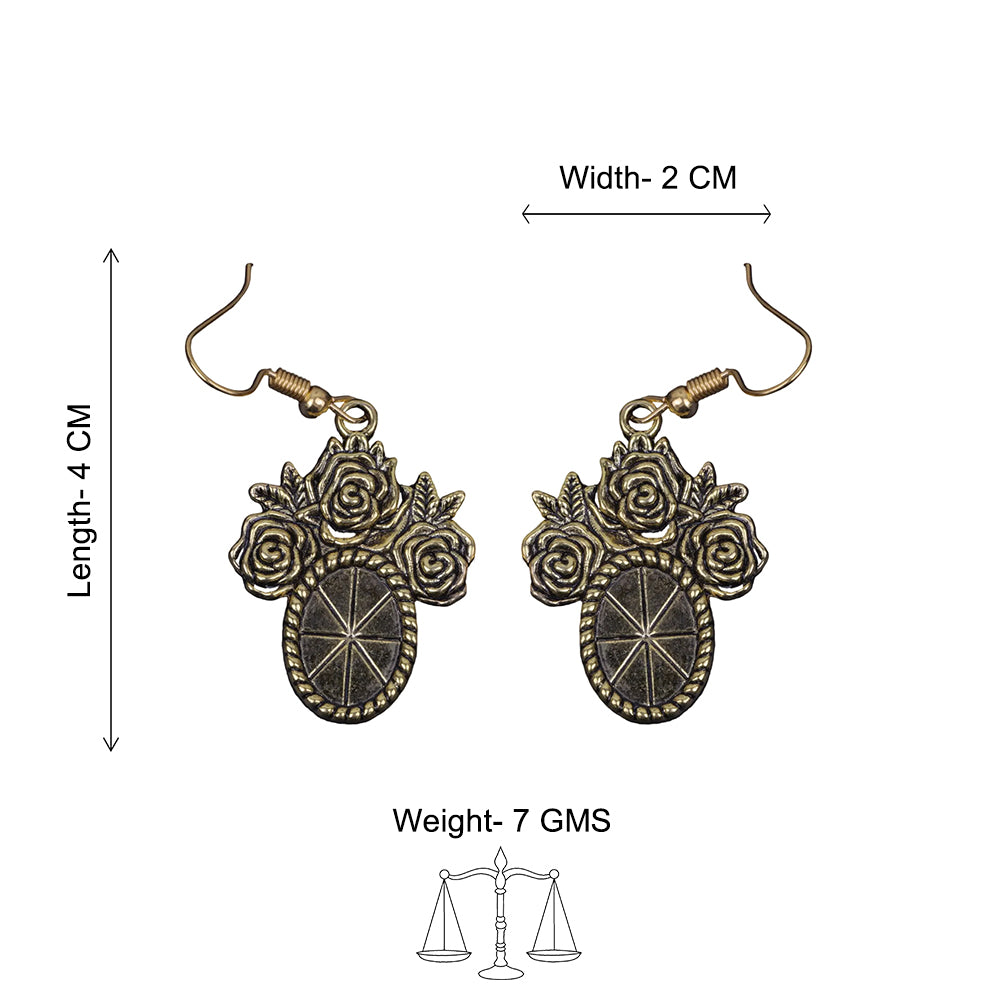 Vintage Oval Flower Shaped Golden Polished Oxidised Danglers