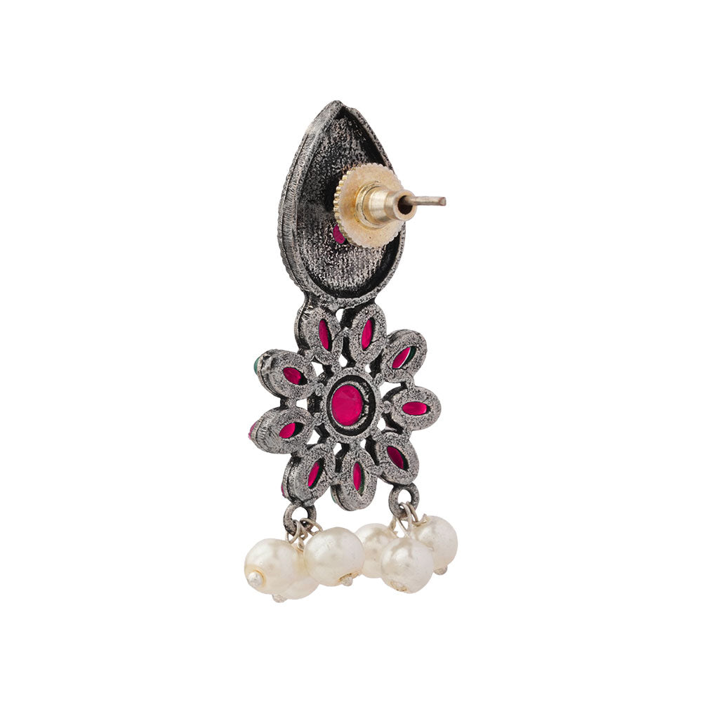 Drew flower pearl stud earrings (Red)
