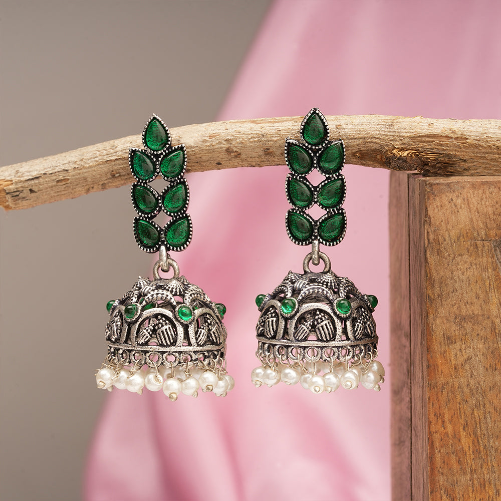 Leaf Cascade jhumki earrings (Green)