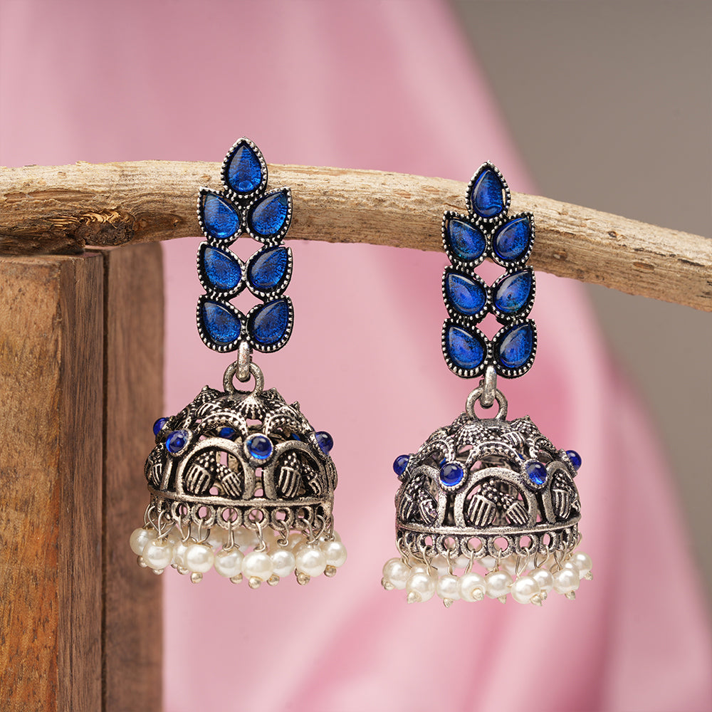Leaf Cascade jhumki earrings (Blue)