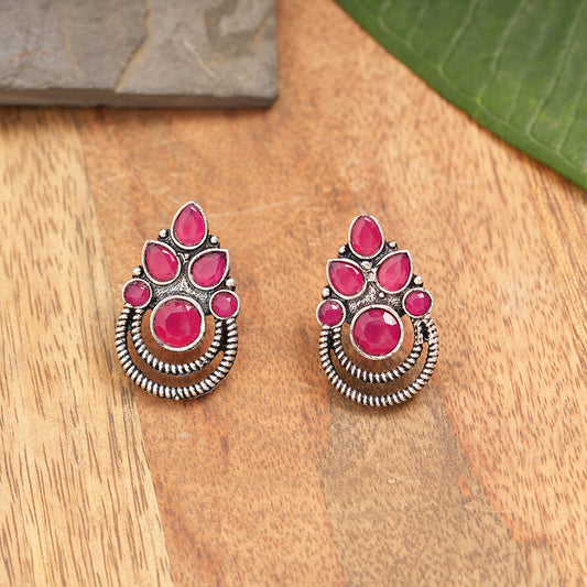 Aqua crown stone stud earrings (Red)