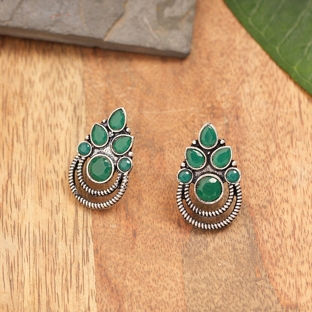Aqua crown stone stud earrings (Green)