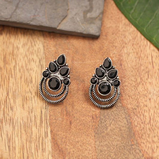 Aqua crown stone stud earrings (Black)