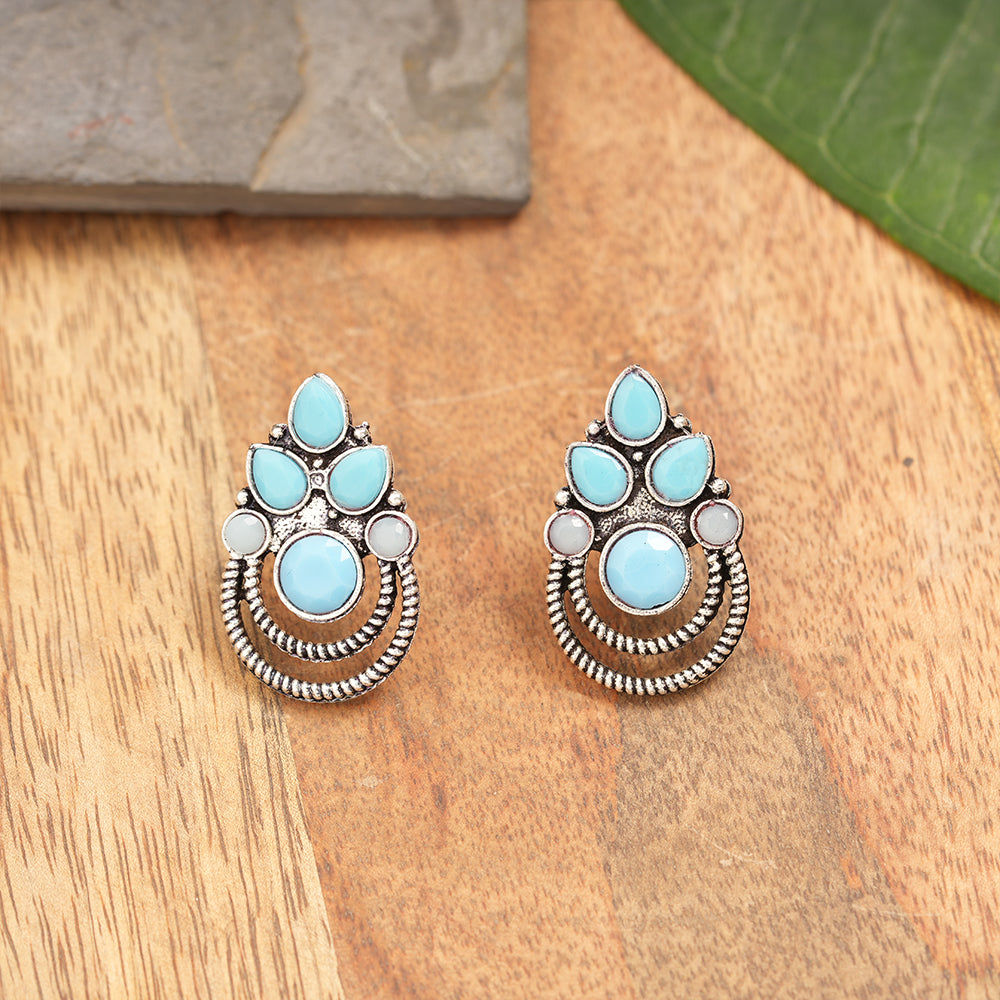 Crowned Rain Drop Stud Earrings - Sky Blue
