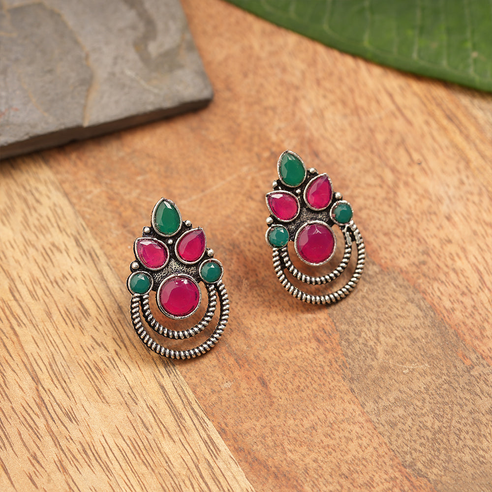 Aqua crown stone stud earrings (Multicolored)