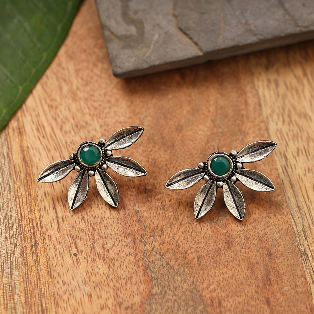 Crescent Bloom Oxidised Studs - Green