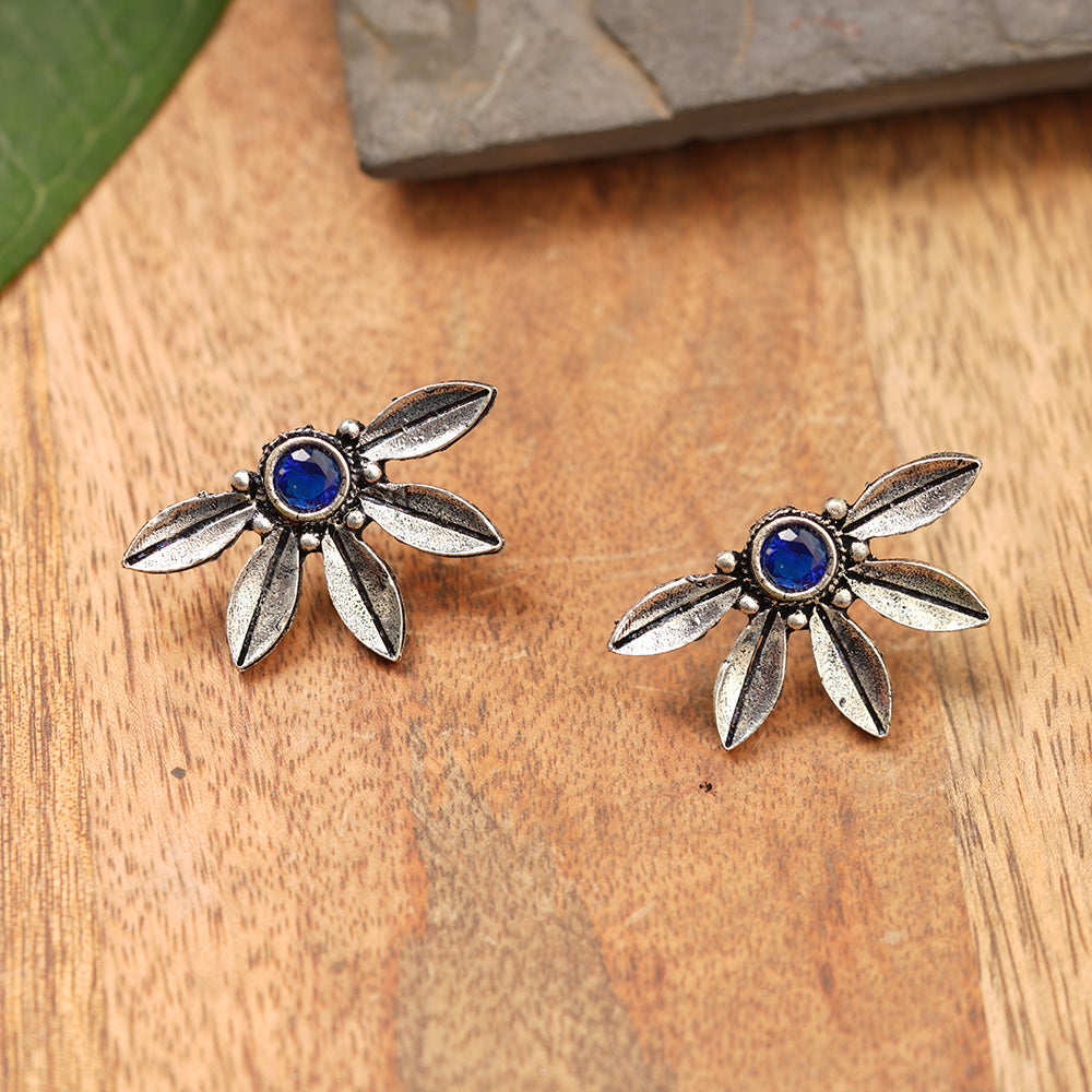 Crescent Bloom Oxidised Studs - Blue