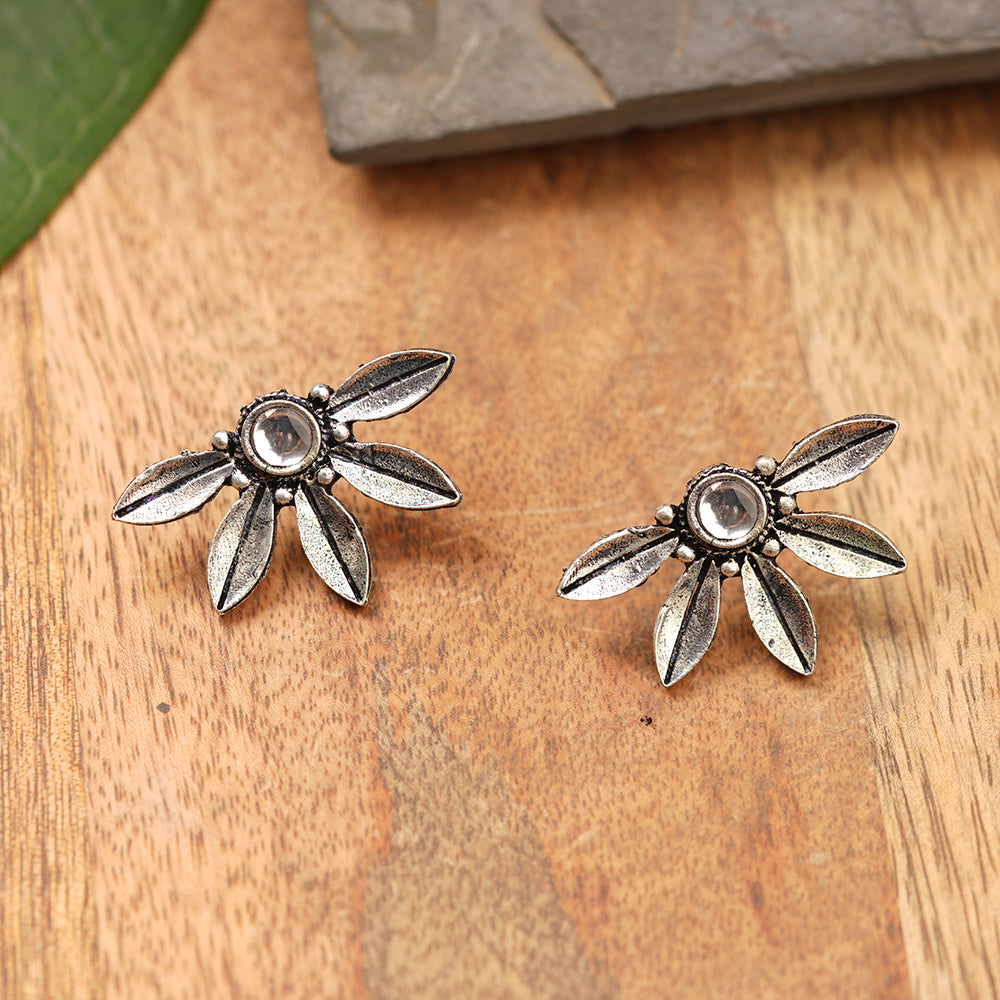 Crescent Bloom Oxidised Studs - White