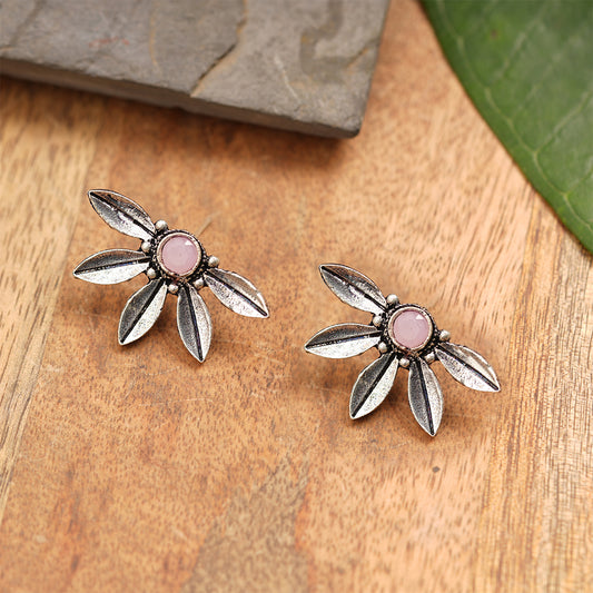 Crescent Bloom Oxidised Studs - Baby Pink