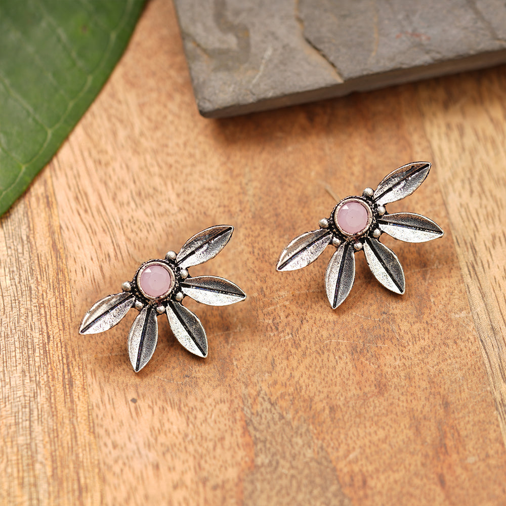 Crescent Bloom Oxidised Studs - Baby Pink