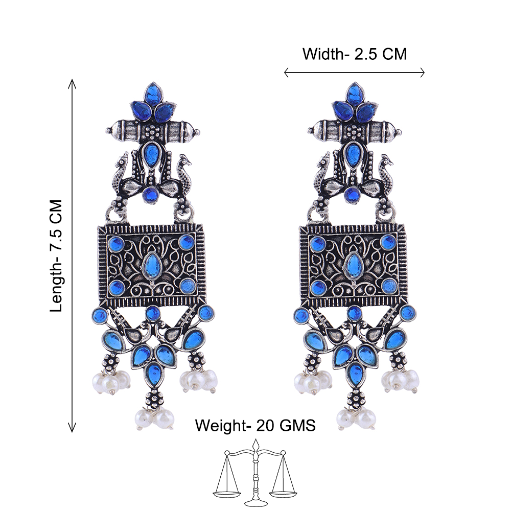 Peaflair pearls oxidised dangler earrings (Blue)