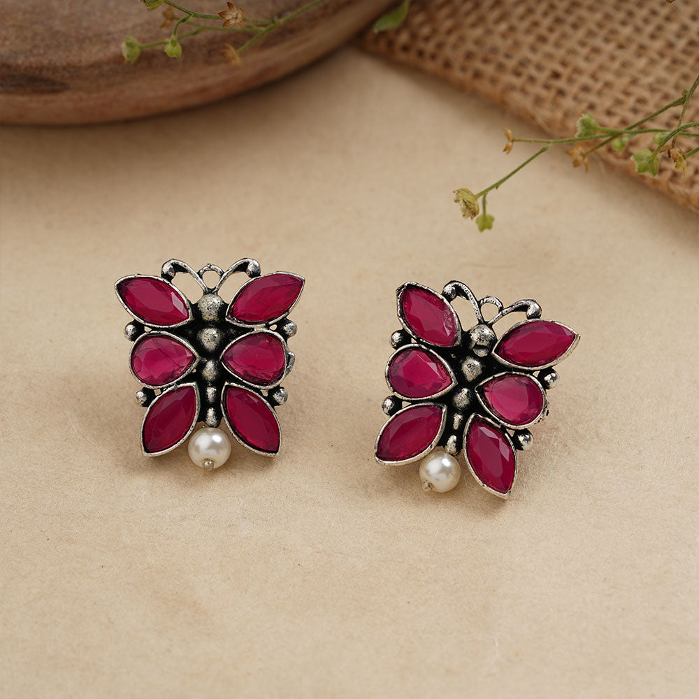 BeadedButterfly stone studded oxidised stud earrings (Red)