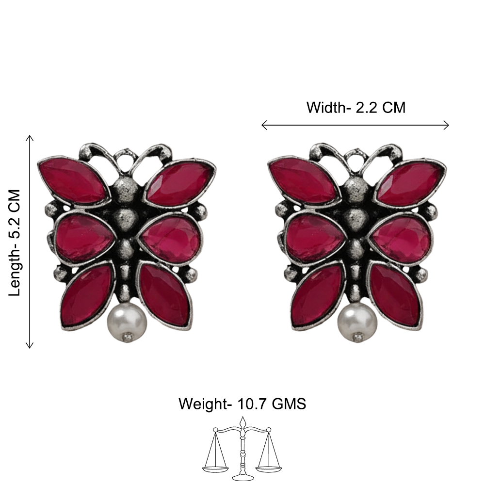 BeadedButterfly stone studded oxidised stud earrings (Red)