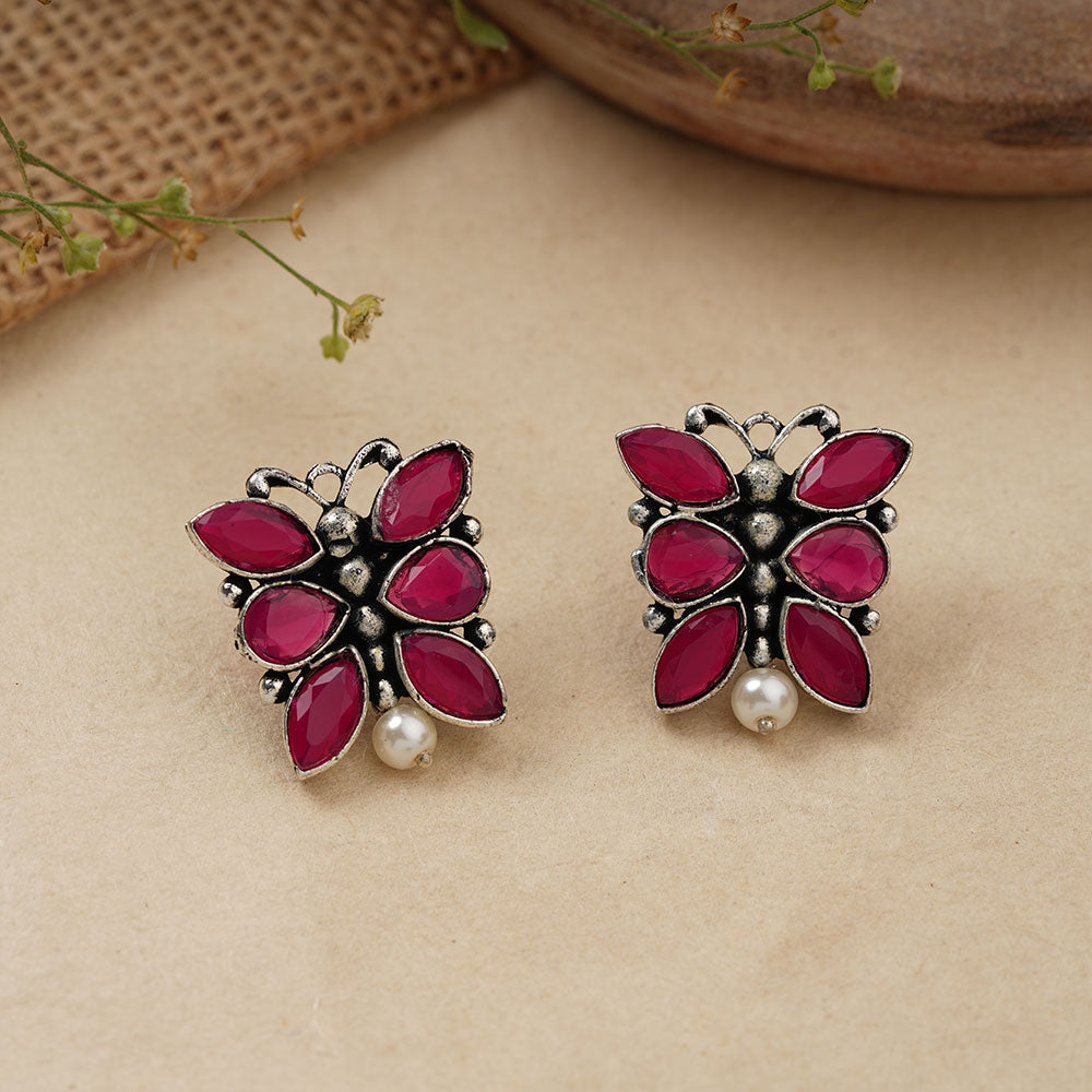 BeadedButterfly stone studded oxidised stud earrings (Red)
