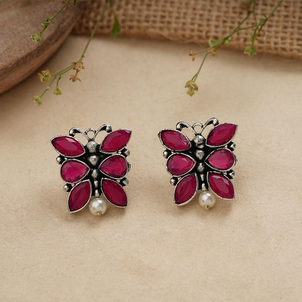 BeadedButterfly stone studded oxidised stud earrings (Red)