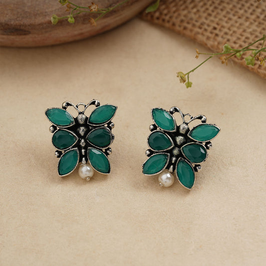 BeadedButterfly stone studded oxidised stud earrings (Green)